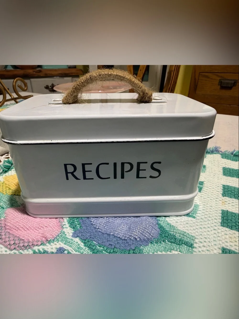 White Recipe Tin Box with Rope Handle cottagecore
